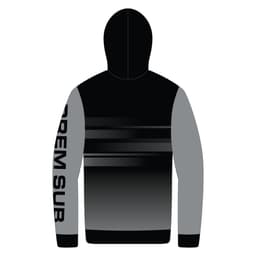 A pullover hoodie featuring a gradient design in black and grey, with a logo on the sleeve.