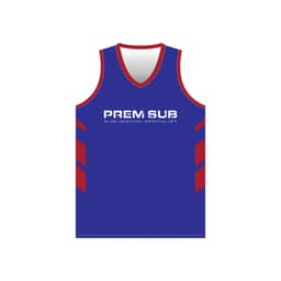 A sleeveless racerback singlet in blue with red accents and a logo on the front.