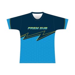 A blue and navy recycled T-shirt with a hexagon pattern and a logo on the front featuring a lightning design.