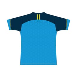 A short-sleeved T-shirt in blue and navy, featuring a hexagonal pattern and a branding logo on the back.
