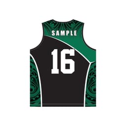 A sleeveless black singlet featuring a green patterned design and a white number 16. It includes a logo.