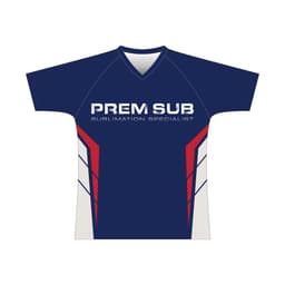 A navy blue T-shirt with a V-neck, featuring red and grey accents and a logo on the front.