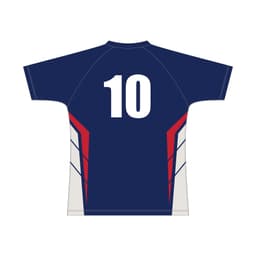 A navy blue t-shirt with short sleeves featuring a red and white design and the number 10 on the back.