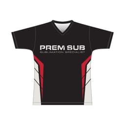 A black T-shirt featuring red and white accents, with a logo on the front.