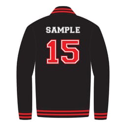 A black varsity jacket featuring red stripes, with the number 15 and the word "SAMPLE" on the back.