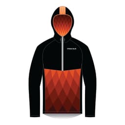 A black and orange half-zip rain jacket with a hood and a diamond pattern on the lower half. It features a logo.