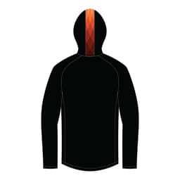 A black half-zip rain jacket featuring a vibrant orange and red patterned hood, with a logo on the front.