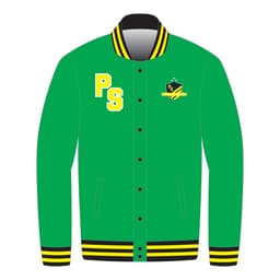 A green varsity jacket featuring a black and yellow striped collar and cuffs, with a logo on the chest.