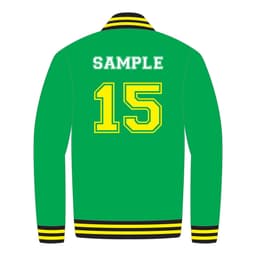 A green varsity jacket featuring a yellow striped collar and a large yellow number "15" on the back.