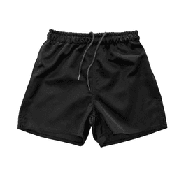 Black youth rugby shorts with an elastic waistband and drawstring fastening, featuring a logo.