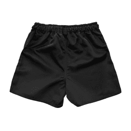 Black youth rugby shorts featuring an elastic waistband and side pockets, with a logo.