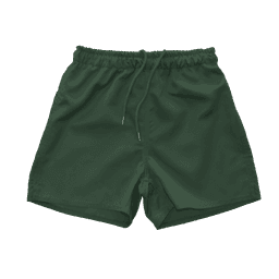 A pair of dark green sports shorts with an elastic waistband and drawstring. Features a logo on the side.