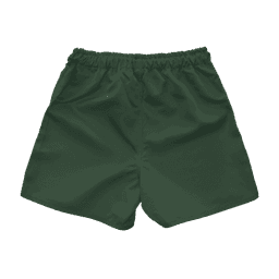 Youth rugby shorts in dark green with an elastic waistband and a logo. Suitable for sports activities.