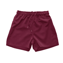 Maroon sports shorts with an elastic waistband and drawstring, featuring a logo on the side.