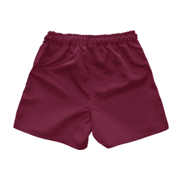 Maroon youth rugby shorts with an elastic waistband and a logo on the side. Ideal for sporting activities.