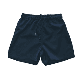 Navy blue sports shorts with an elastic waistband and drawstring. Includes a logo on the front.