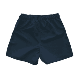 Navy blue youth rugby shorts with an elastic waistband and a simple design, featuring a logo.