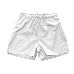 White youth rugby shorts with an elastic waistband and drawstring, featuring a logo.