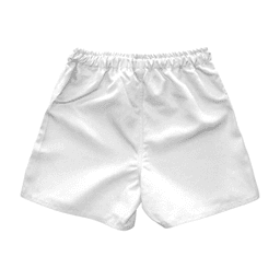 White youth rugby shorts with an elastic waistband and a smooth finish, featuring pockets and a logo.