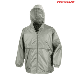 A lightweight rain jacket in a grey colour, featuring a hood and elasticised cuffs. It has a logo prominently displayed.