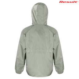 A lightweight rain jacket in light grey with a hood and elastic cuffs, featuring a logo.