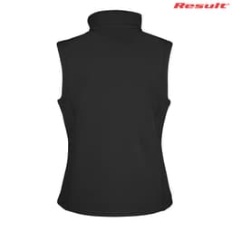 A black ladies' softshell vest featuring a high collar and a smooth back design. It includes a logo on the upper right.