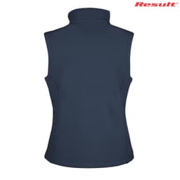 A navy blue ladies' softshell vest featuring a high collar and a logo on the upper right.