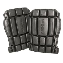 Black knee protectors with a textured surface, featuring a logo, designed for workwear.