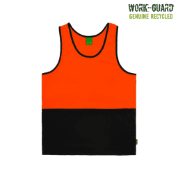 A high-visibility orange and black singlet with a logo, made from recycled materials.
