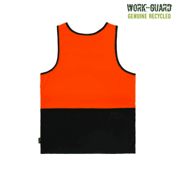 A recycled hi-vis singlet with a bright orange upper section and a black lower section. It features a logo.