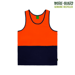 A hi-vis singlet featuring an orange upper section and a navy lower section, with a logo. Made from recycled materials.