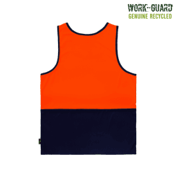 A high visibility singlet in orange and navy, featuring a logo, made from recycled materials.