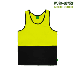 A bright yellow and black hi-vis singlet with a logo, designed for workwear use.