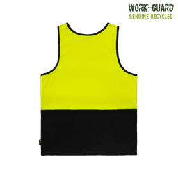 A bright yellow and black recycled hi-vis singlet with a logo. Suitable for workwear.