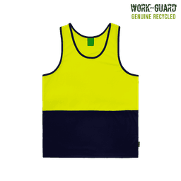 A high visibility singlet featuring fluorescent yellow and navy blue colours, with a logo on the garment.