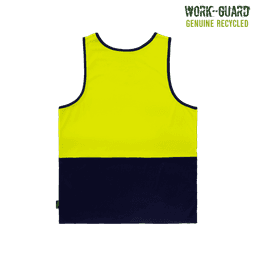 A high visibility singlet in bright yellow with a navy blue bottom. It features a logo on the upper part.