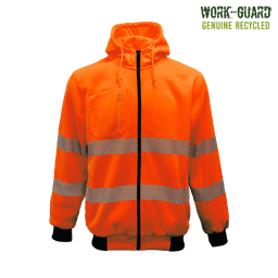 A bright orange zipped hoodie with reflective stripes and a hood, featuring a logo on the upper left.