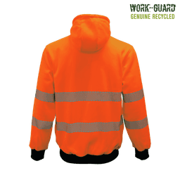 A vibrant orange zipped hoodie with reflective stripes, featuring a hood and branding.