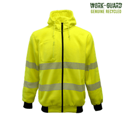 A bright yellow zipped hoodie featuring reflective stripes and a pocket, designed for visibility and safety.