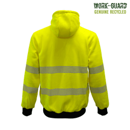 A bright yellow zipped hoodie featuring reflective stripes and a hood, with a logo on the upper corner.