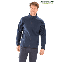 A navy blue fleece jacket with a zip front and two side pockets, featuring a logo on the upper right.