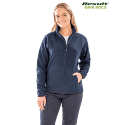 A navy blue recycled fleece polarthermic jacket with a zip front and dual side pockets, worn by a model.
