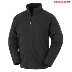 A black polar fleece jacket with a zip-up front and side pockets, featuring a logo.