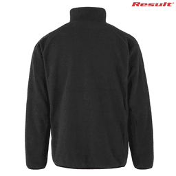 A black recycled fleece Polarthermic jacket with a high collar and a logo on the top right.