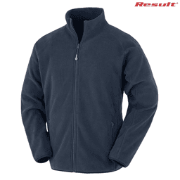 A navy blue recycled fleece polar fleece jacket with a full zip and stand-up collar, featuring a brand logo.