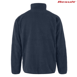 A navy recycled fleece polarthermic jacket with a high collar and long sleeves, featuring a branding logo.