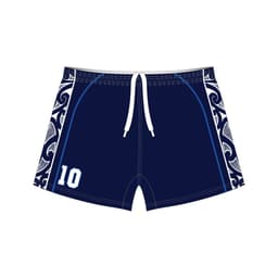 Navy rugby shorts featuring a decorative pattern and a white number "10" on one side. The shorts have a drawstring waistband and logo.