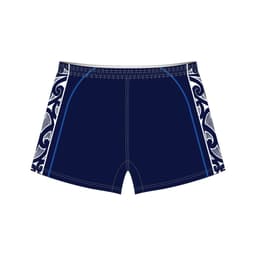 Navy rugby shorts featuring intricate white tribal patterns on the sides, complete with an elastic waistband and stitching details.