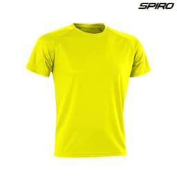 A bright yellow adult t-shirt with a crew neck and short sleeves, featuring a logo on the side.