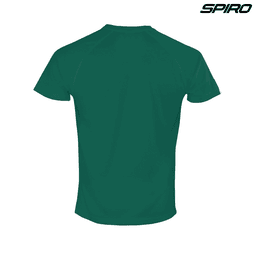 A green t-shirt with a short sleeve and a logo on the top right. The back features a plain design.